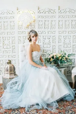 Lace Strapless Wedding Gown Dusty Blue Tulle Skirt