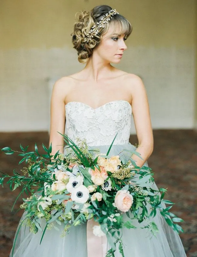 Lace Strapless Wedding Gown Dusty Blue Tulle Skirt