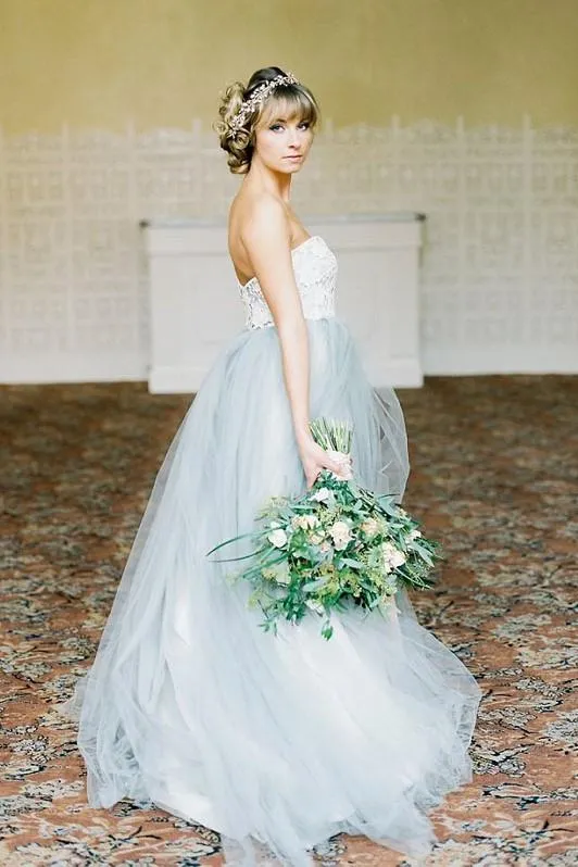 Lace Strapless Wedding Gown Dusty Blue Tulle Skirt