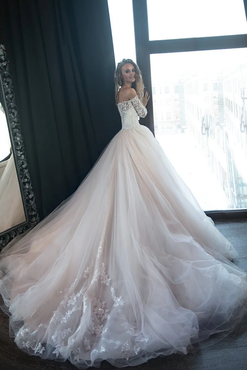 Lace Tulle Blush Pink Wedding Dresses with Off-the-shoulder Long Sleeves