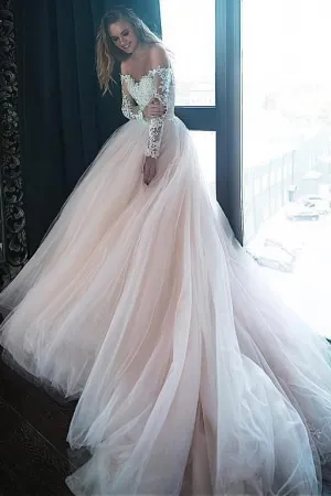 Lace Tulle Blush Pink Wedding Dresses with Off-the-shoulder Long Sleeves
