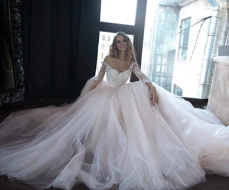 Lace Tulle Blush Pink Wedding Dresses with Off-the-shoulder Long Sleeves