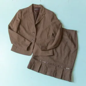Lafayette 148 Vintage Y2K Brown Wool Knit Pleated Skirt Blazer Suit Set Size 8