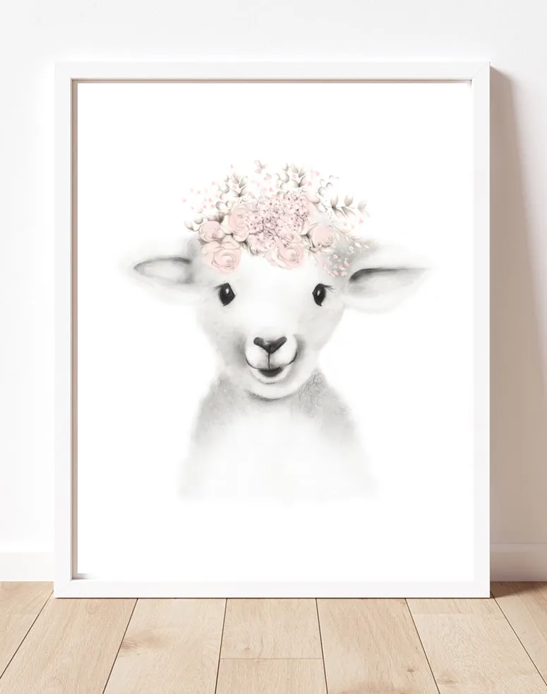 Lamb with Blush Flower Crown Print