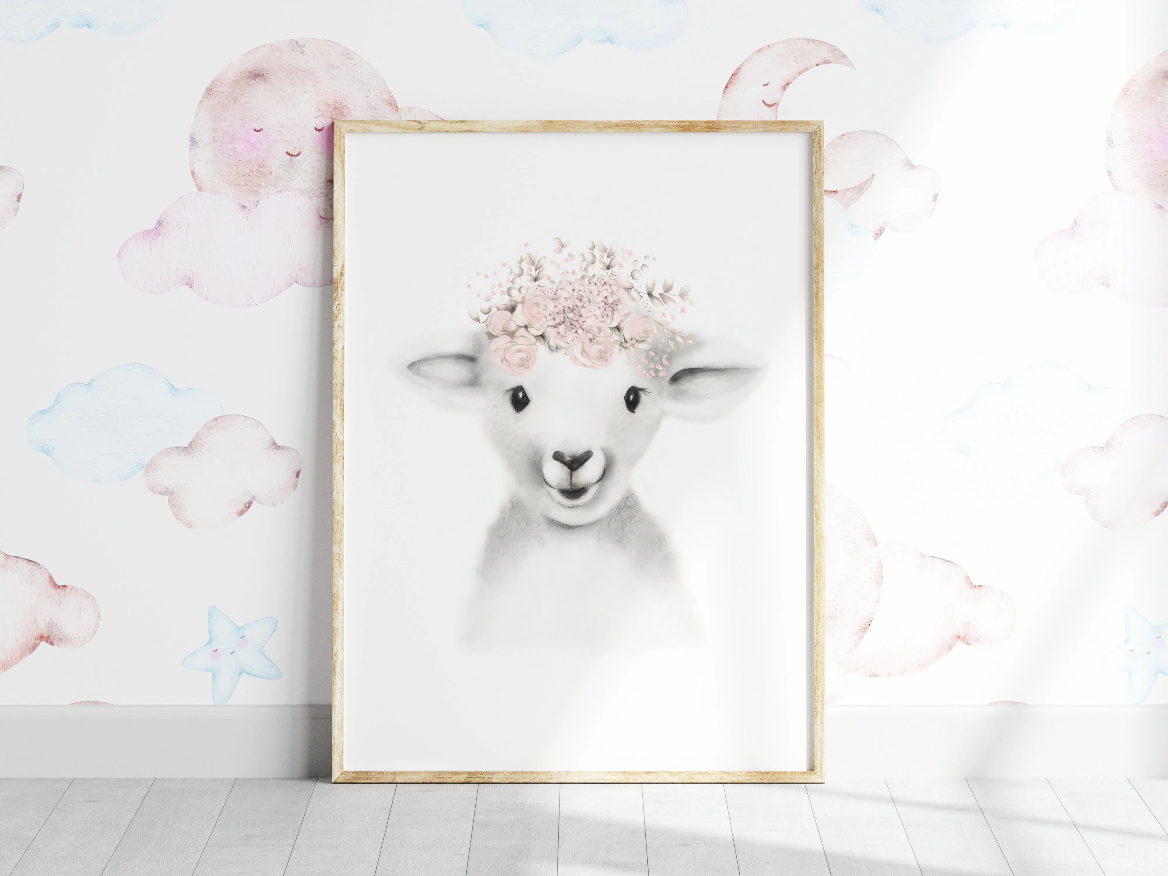 Lamb with Blush Flower Crown Print