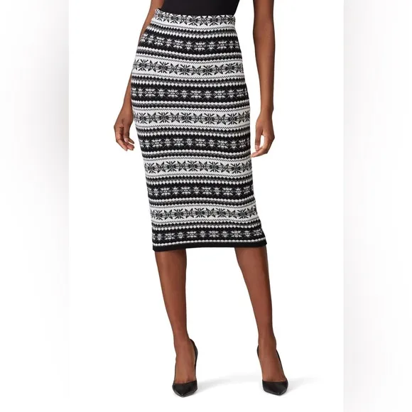 Lauren Ralph Lauren Sz XS Black Gray White Fair Isle Knit Sweater Midi Skirt