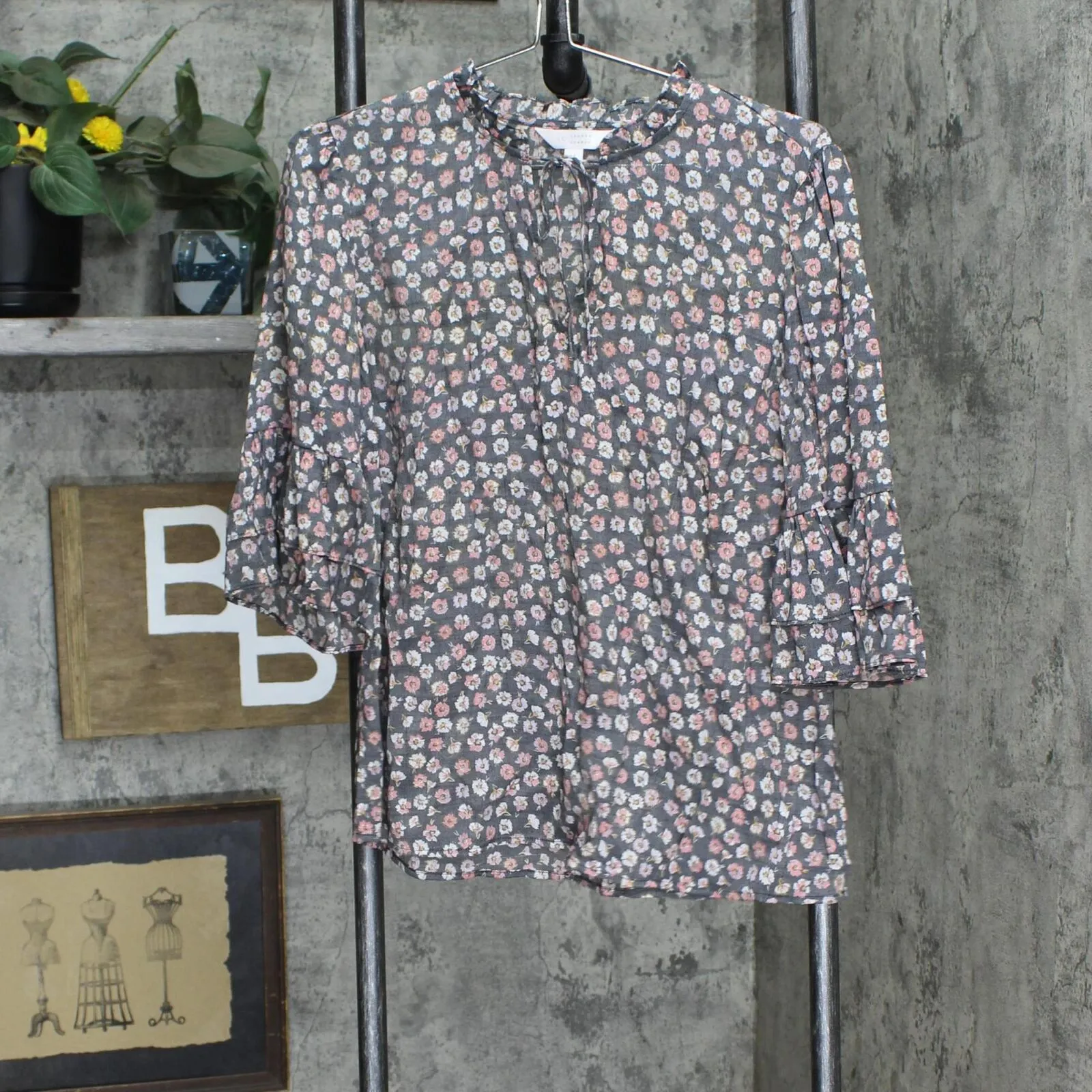 Lc Lauren Conrad Women's Tiered Sleeve Blouse Shirt Top Fleurie India Black M