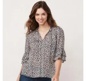 Lc Lauren Conrad Women's Tiered Sleeve Blouse Shirt Top Fleurie India Black M