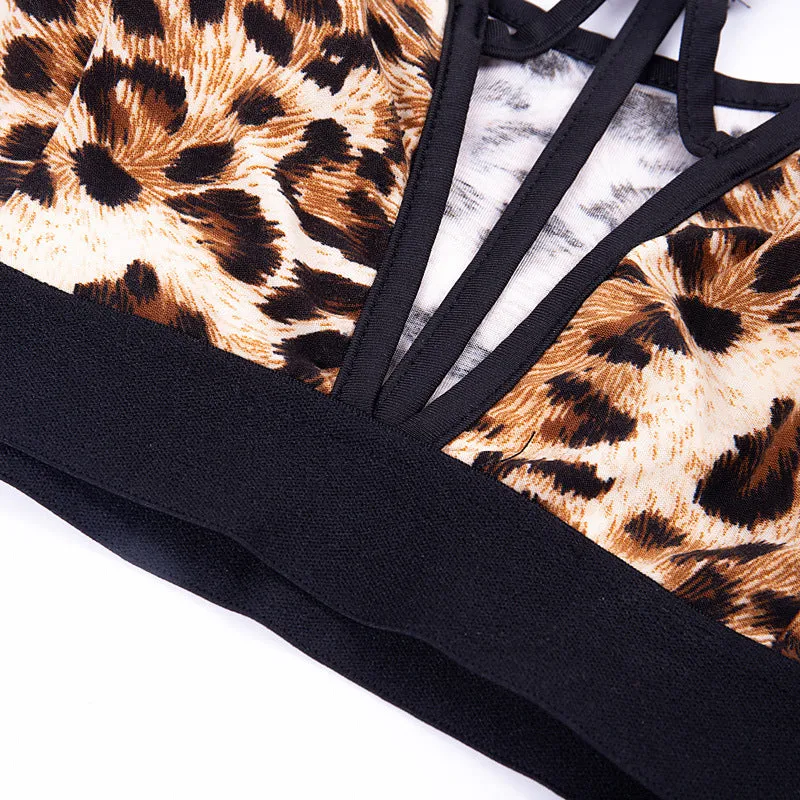 Leopard Stitching Sports Bra Tights Fitness Yoga Suit Women's Two-piece Suit