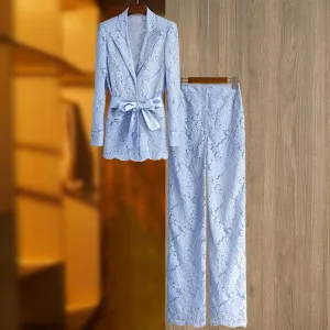 Light Blue Lace Wedding Pantsuit V-Neck Lace-Up Formal Suit