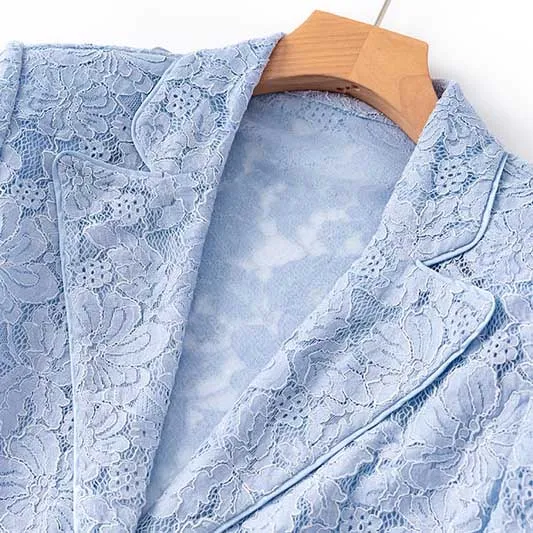 Light Blue Lace Wedding Pantsuit V-Neck Lace-Up Formal Suit