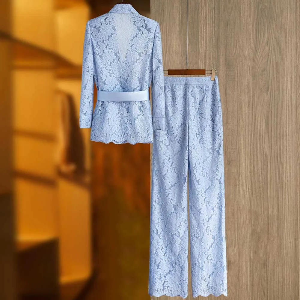 Light Blue Lace Wedding Pantsuit V-Neck Lace-Up Formal Suit