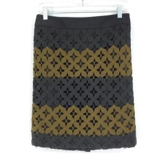 LOFT Black Taupe Olive-Brown Chunky Striped Crochet Knit Sweater Pencil Skirt 10