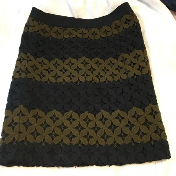 LOFT Black Taupe Olive-Brown Chunky Striped Crochet Knit Sweater Pencil Skirt 10