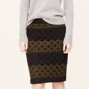 LOFT Black Taupe Olive-Brown Chunky Striped Crochet Knit Sweater Pencil Skirt 10