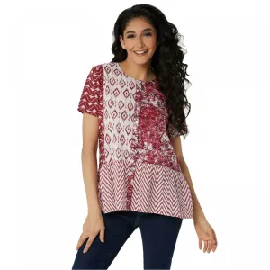 LOGO by Lori Goldstein Women's Mixed Print Button Front Peplum Top