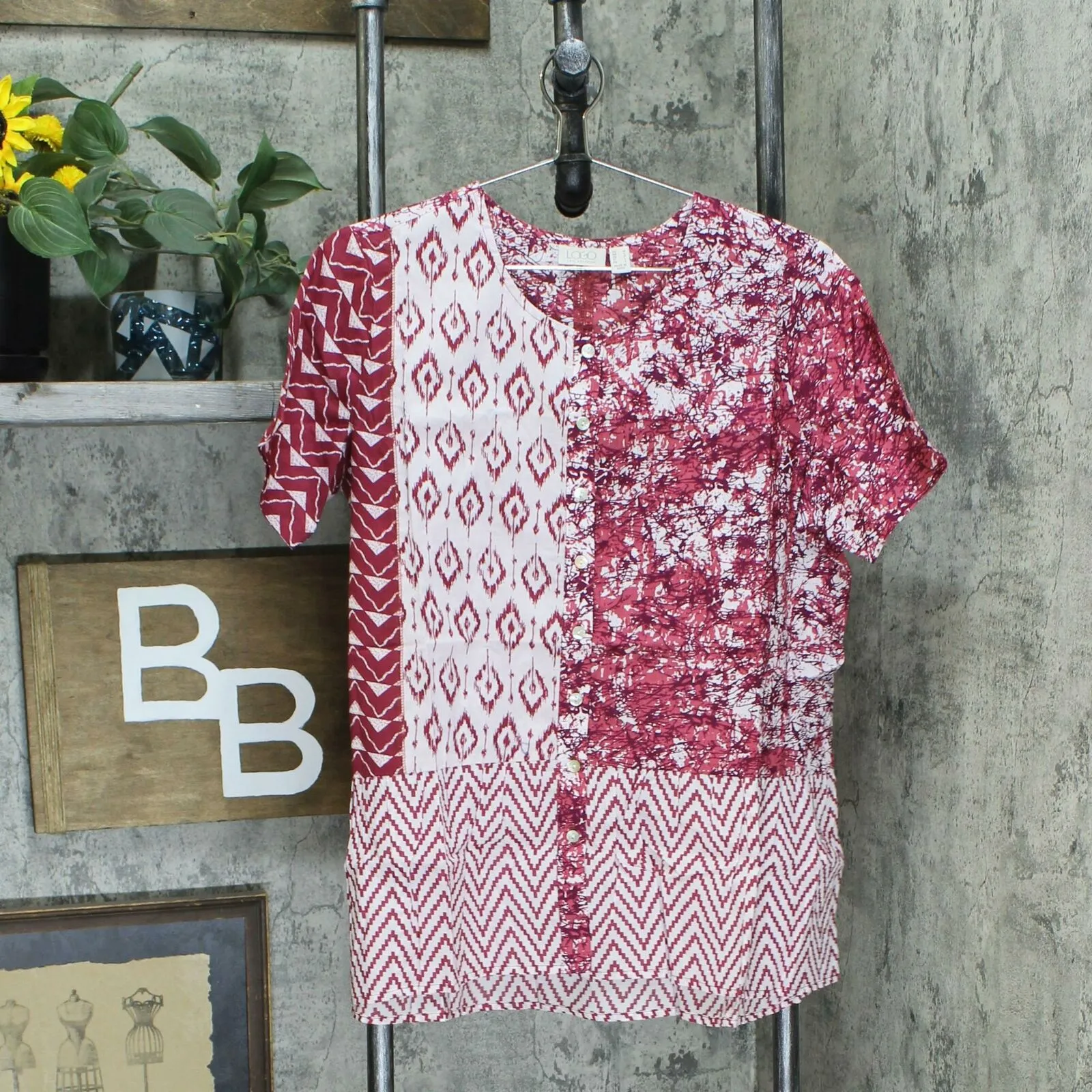 LOGO by Lori Goldstein Women's Mixed Print Button Front Peplum Top