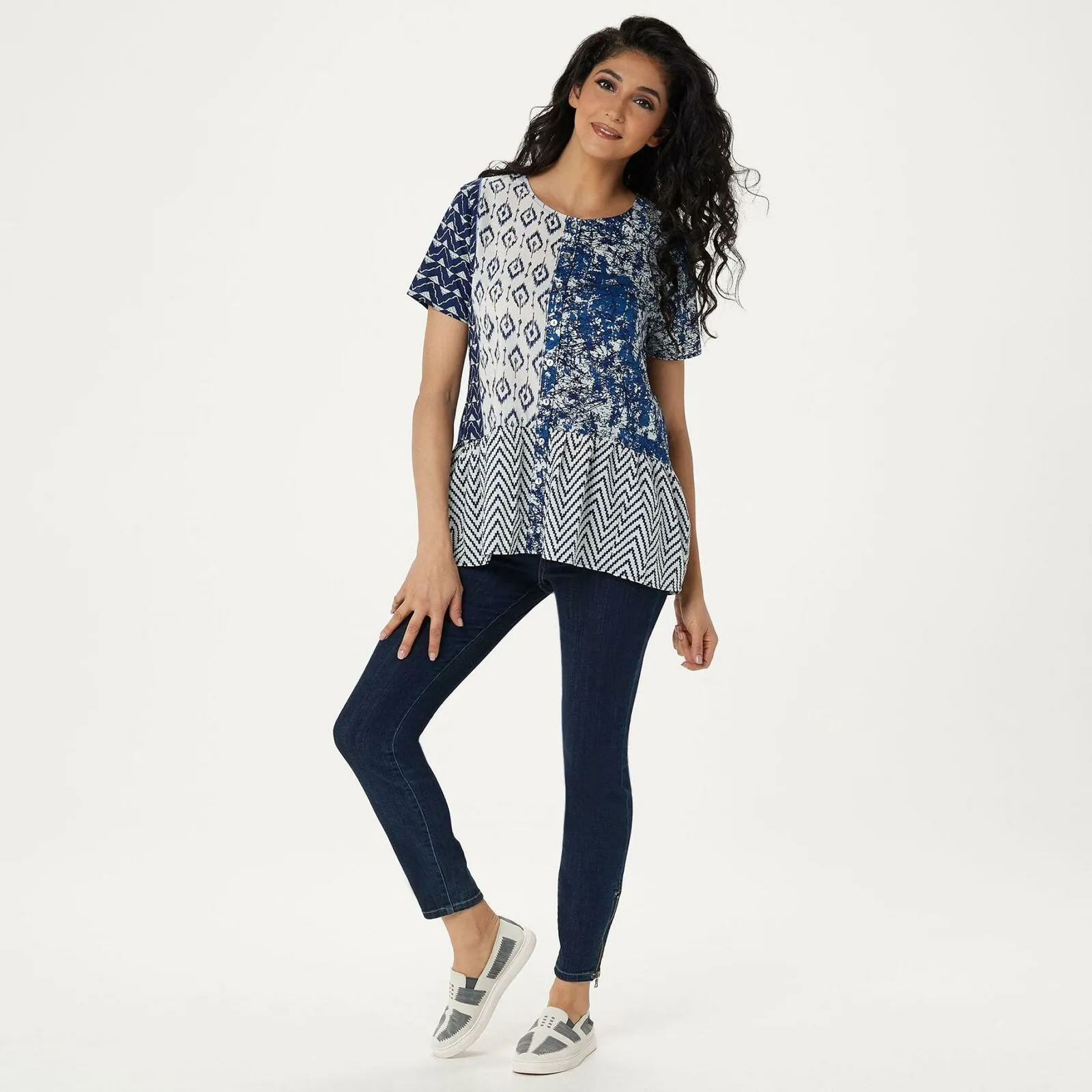 LOGO by Lori Goldstein Women's Mixed Print Button Front Peplum Top