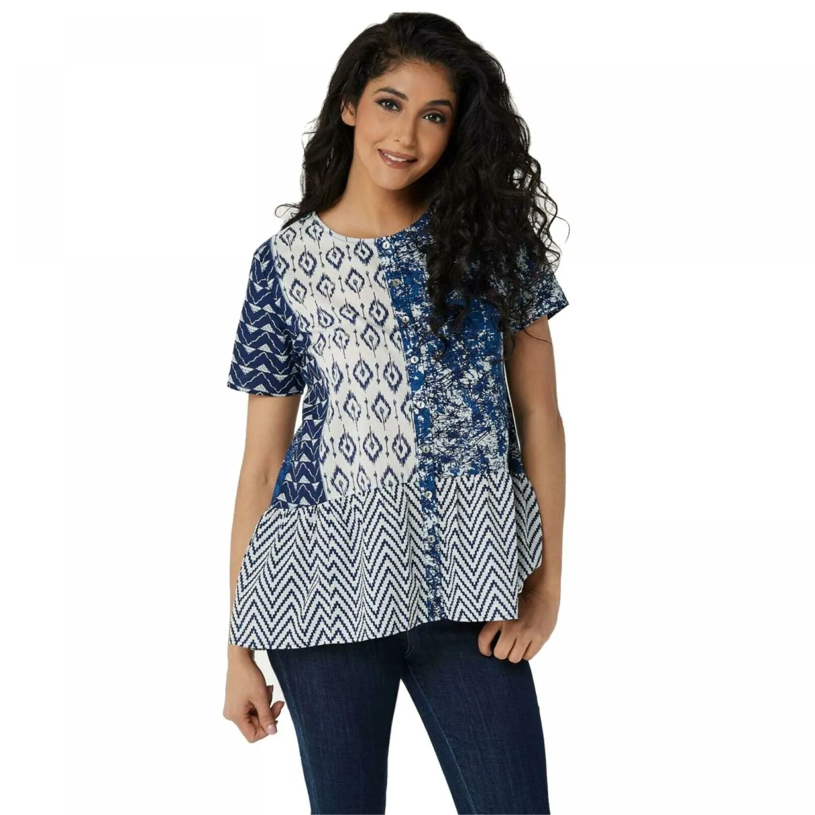 LOGO by Lori Goldstein Women's Mixed Print Button Front Peplum Top