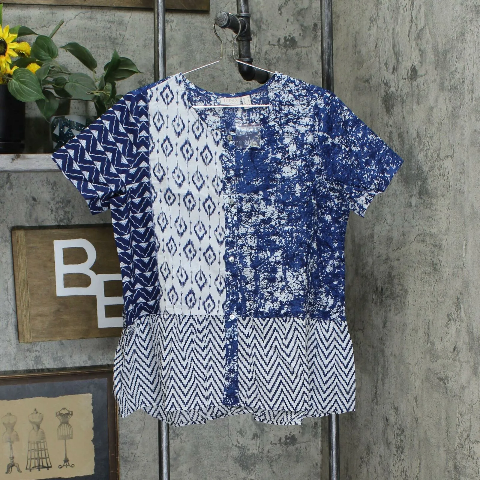 LOGO by Lori Goldstein Women's Mixed Print Button Front Peplum Top