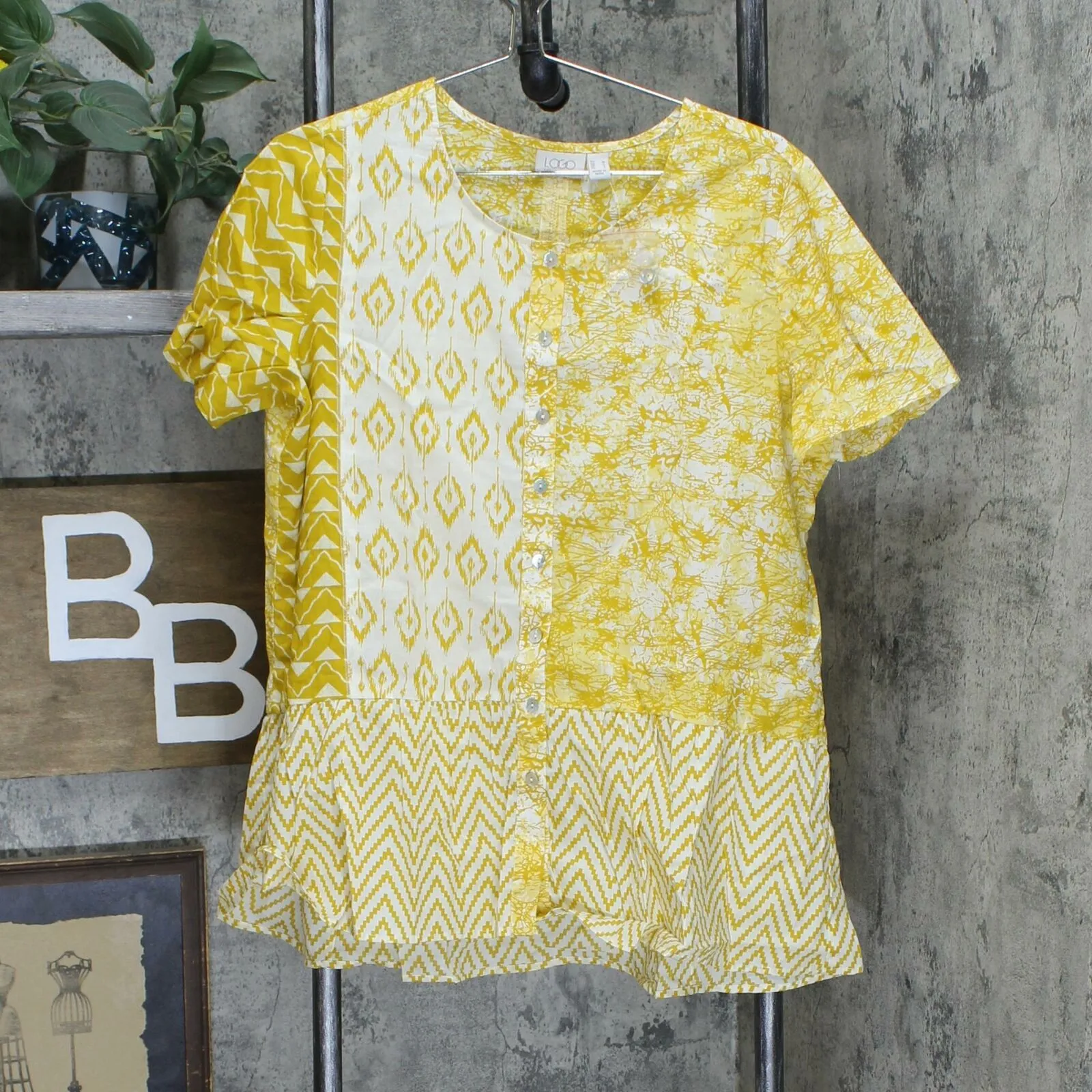 LOGO by Lori Goldstein Women's Mixed Print Button Front Peplum Top