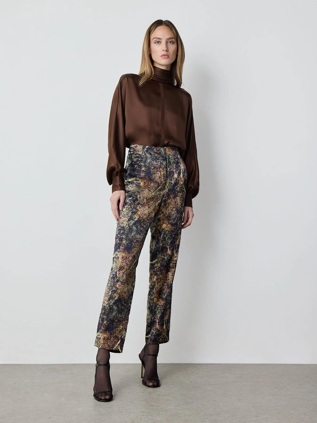 Long Sleeve Silk Tie Blouse in Brown