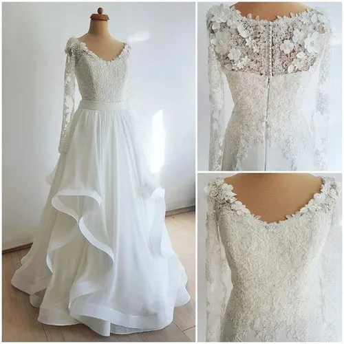 Long Sleeve Wedding Dresses A-line Floor-length Ruffles Chiffon Lace Bridal Gown,MW434