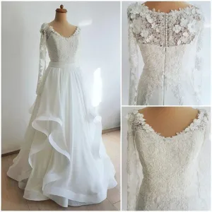 Long Sleeve Wedding Dresses A-line Floor-length Ruffles Chiffon Lace Bridal Gown,MW434