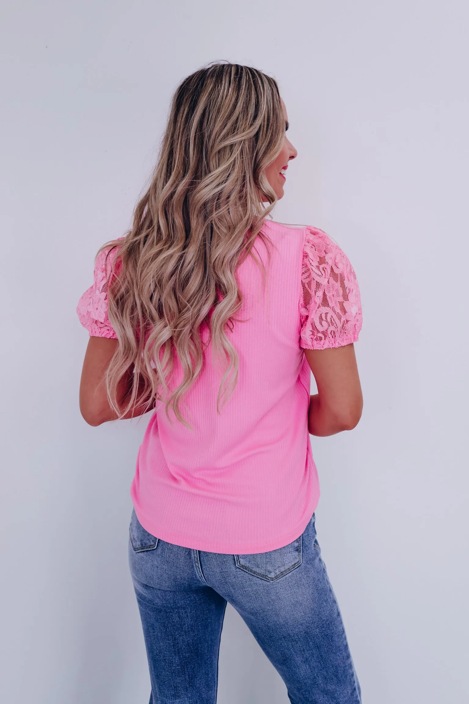 Lovely Lace Puff Sleeve Top - Pink