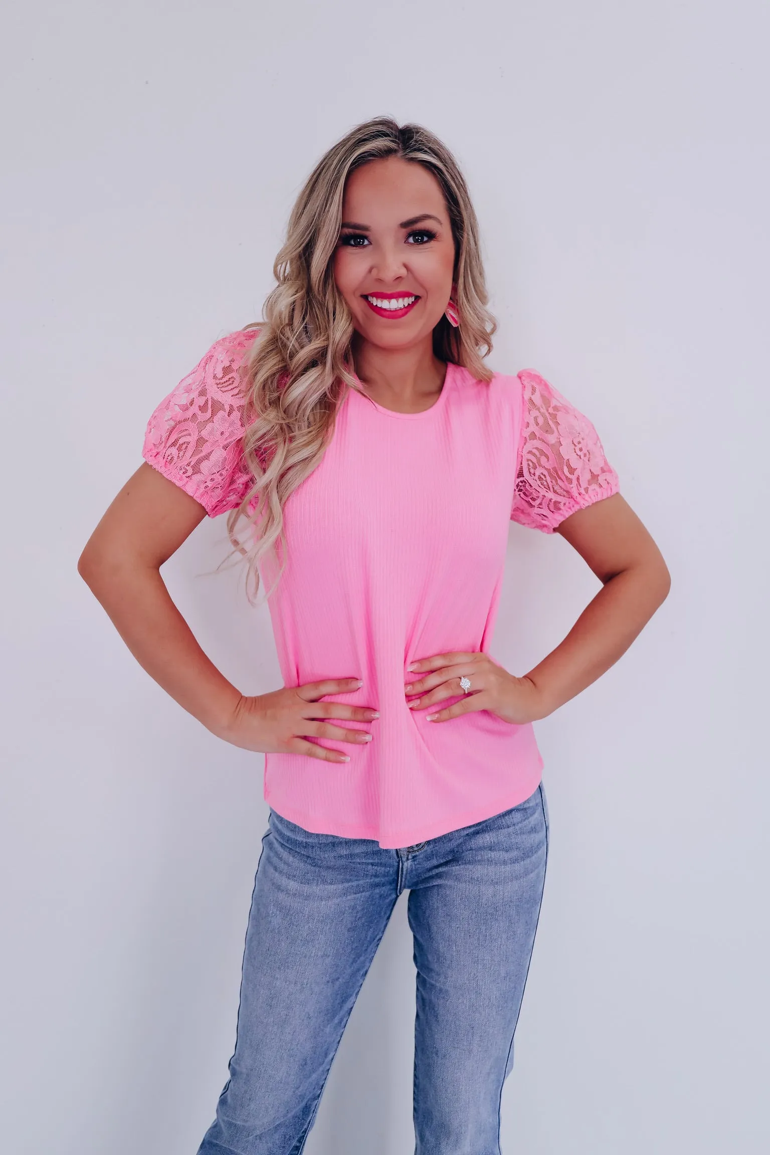 Lovely Lace Puff Sleeve Top - Pink