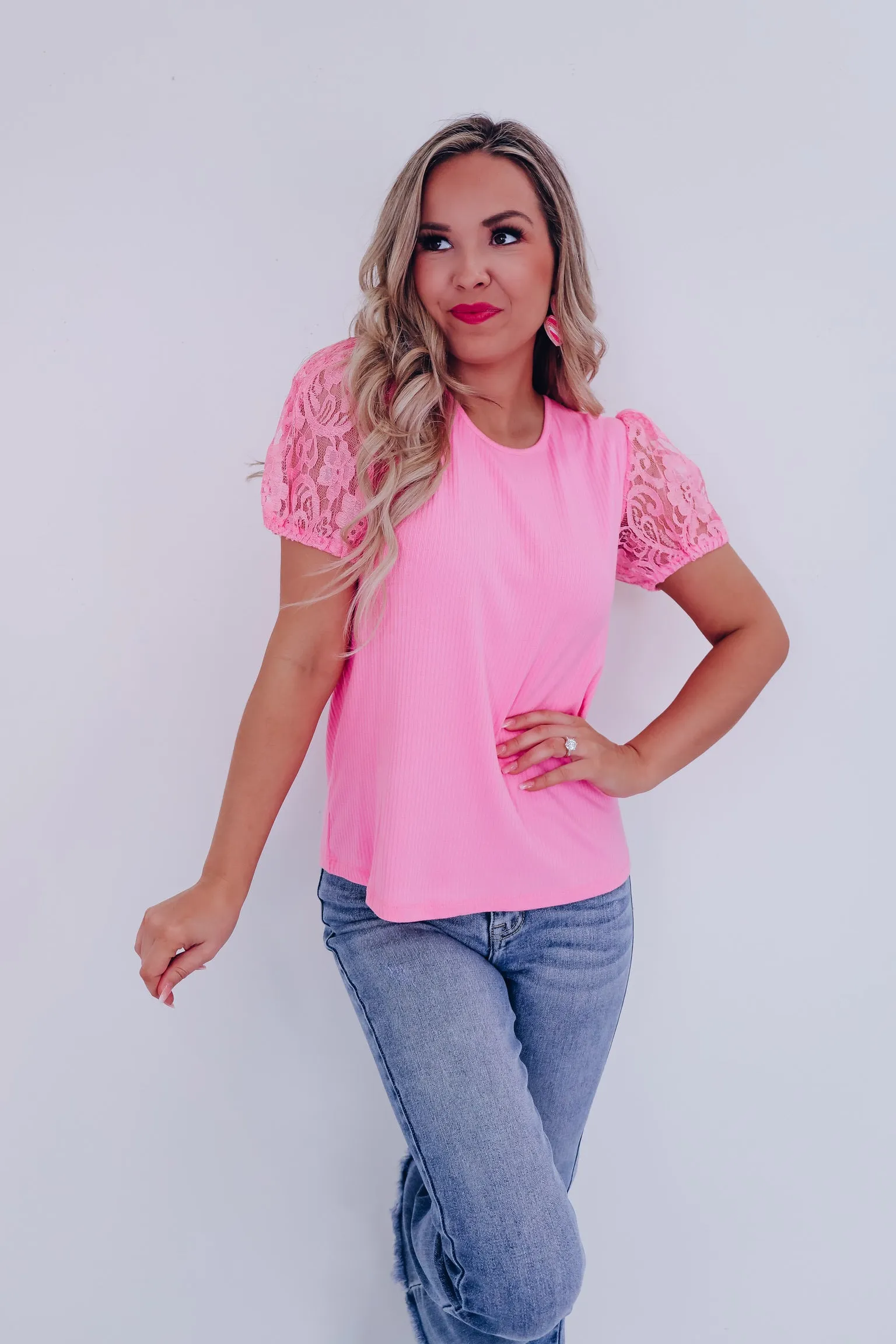 Lovely Lace Puff Sleeve Top - Pink