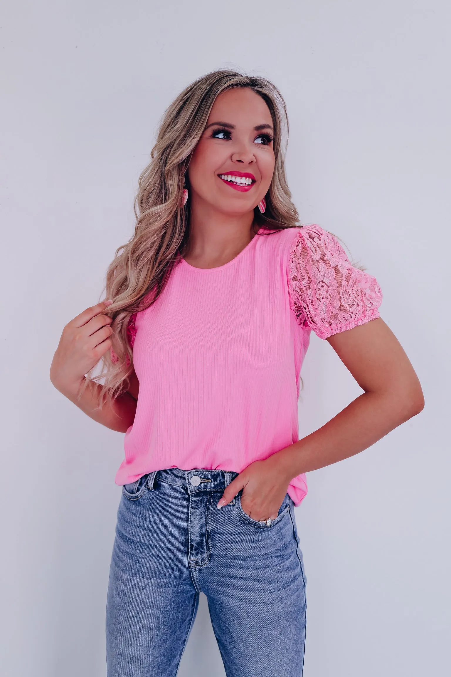Lovely Lace Puff Sleeve Top - Pink