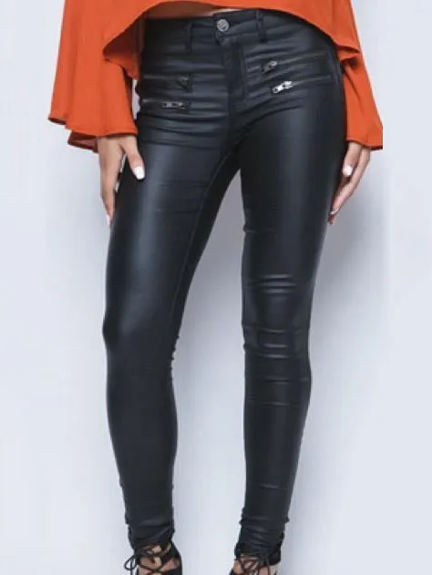 Low Waist Slim Double Zipper PU Leather Pants