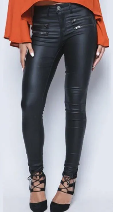 Low Waist Slim Double Zipper PU Leather Pants