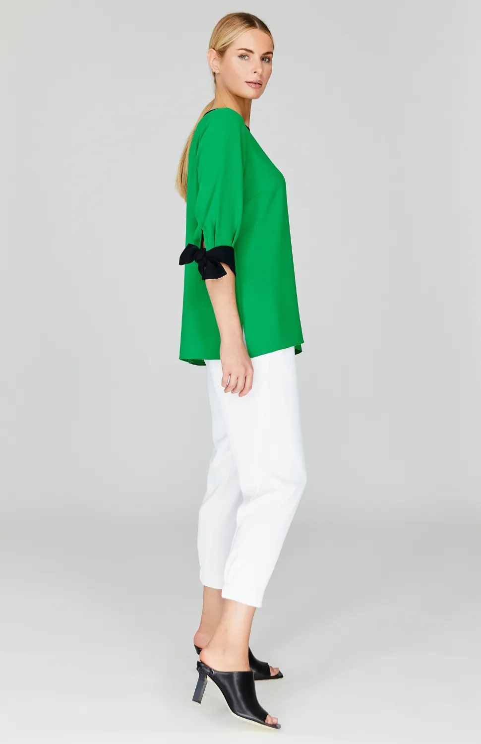 Lustrous Crepe 3/4 Sleeve Blouse with Tie Cuff