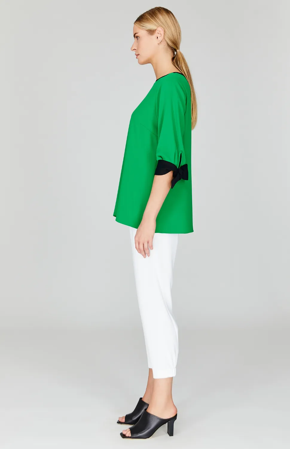 Lustrous Crepe 3/4 Sleeve Blouse with Tie Cuff