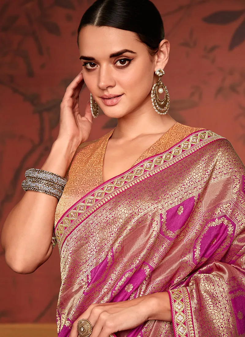 Magenta Pink Weaved Pure Dola Silk Saree