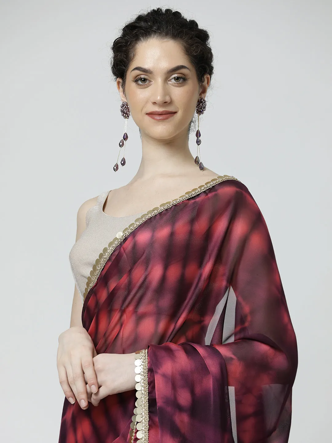 Maroon Embellished Satin Tie-Dye Saree