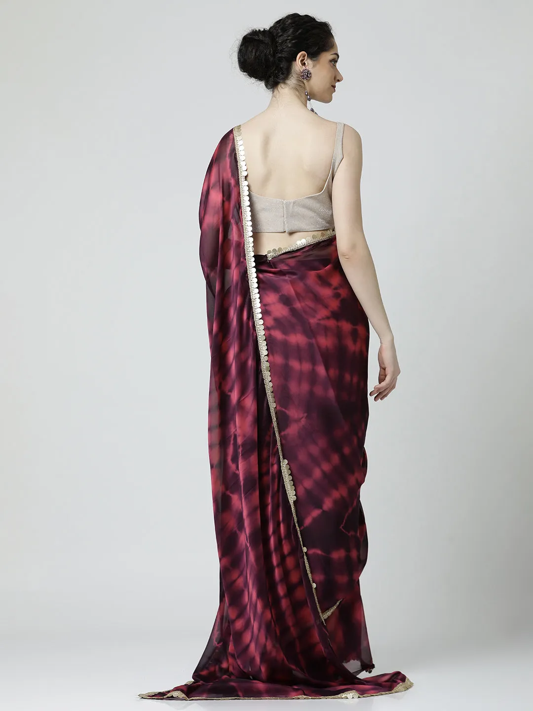 Maroon Embellished Satin Tie-Dye Saree