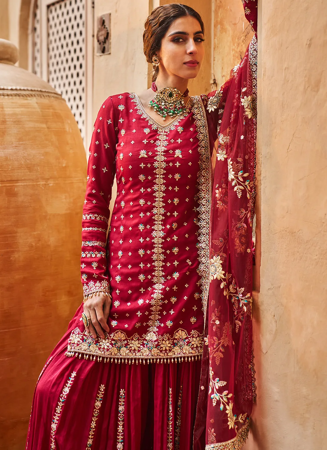 Maroon Embroidered Sharara Suit
