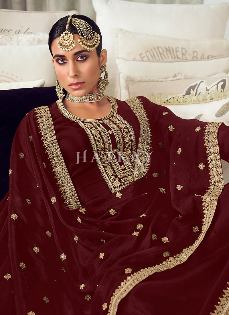 Maroon Golden Embroidered Wedding Palazzo Suit