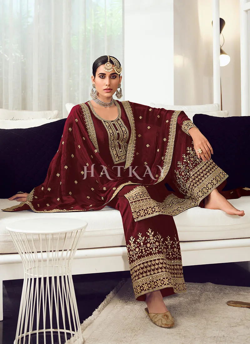 Maroon Golden Embroidered Wedding Palazzo Suit