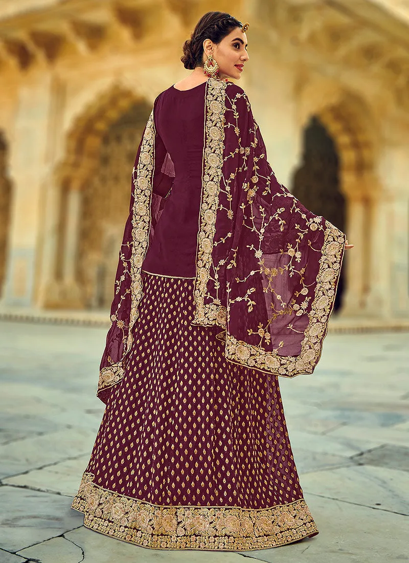Maroon Golden Zari Detailed Wedding Lehenga Kurti