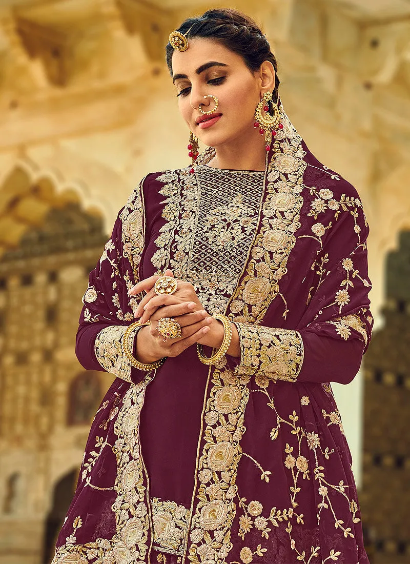 Maroon Golden Zari Detailed Wedding Lehenga Kurti