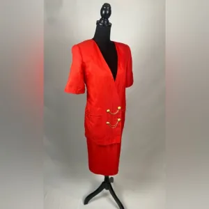 Matching set skirt suit Vintage 80s, 2 pc Red gold buttons &amp; chain Plus Size