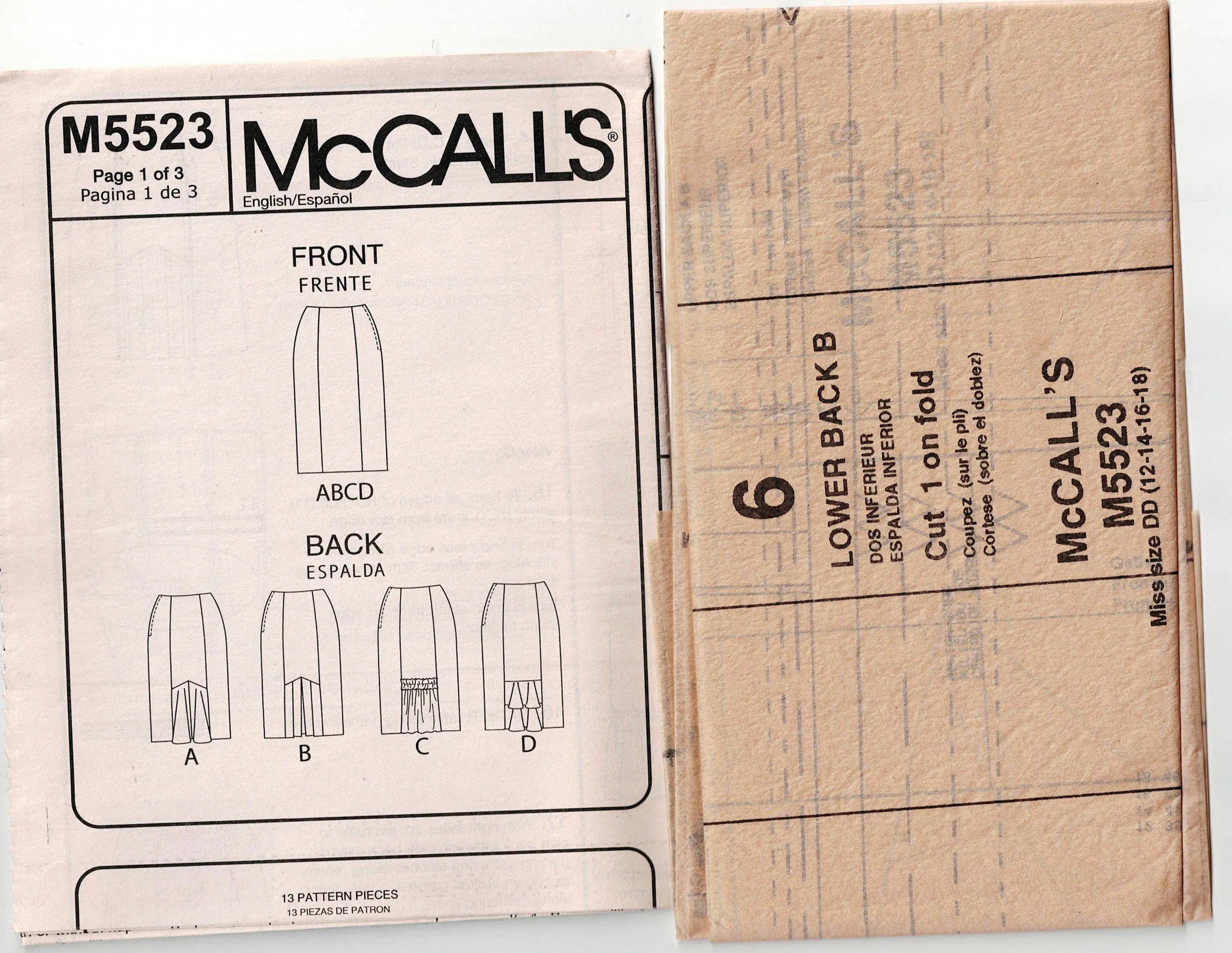 McCall's 5523 Womens Panelled Slim Skirts with Hem Ruffles or Pleats Out Of Print Sewing Pattern Sizes 12 - 18 UNCUT Factory Folded