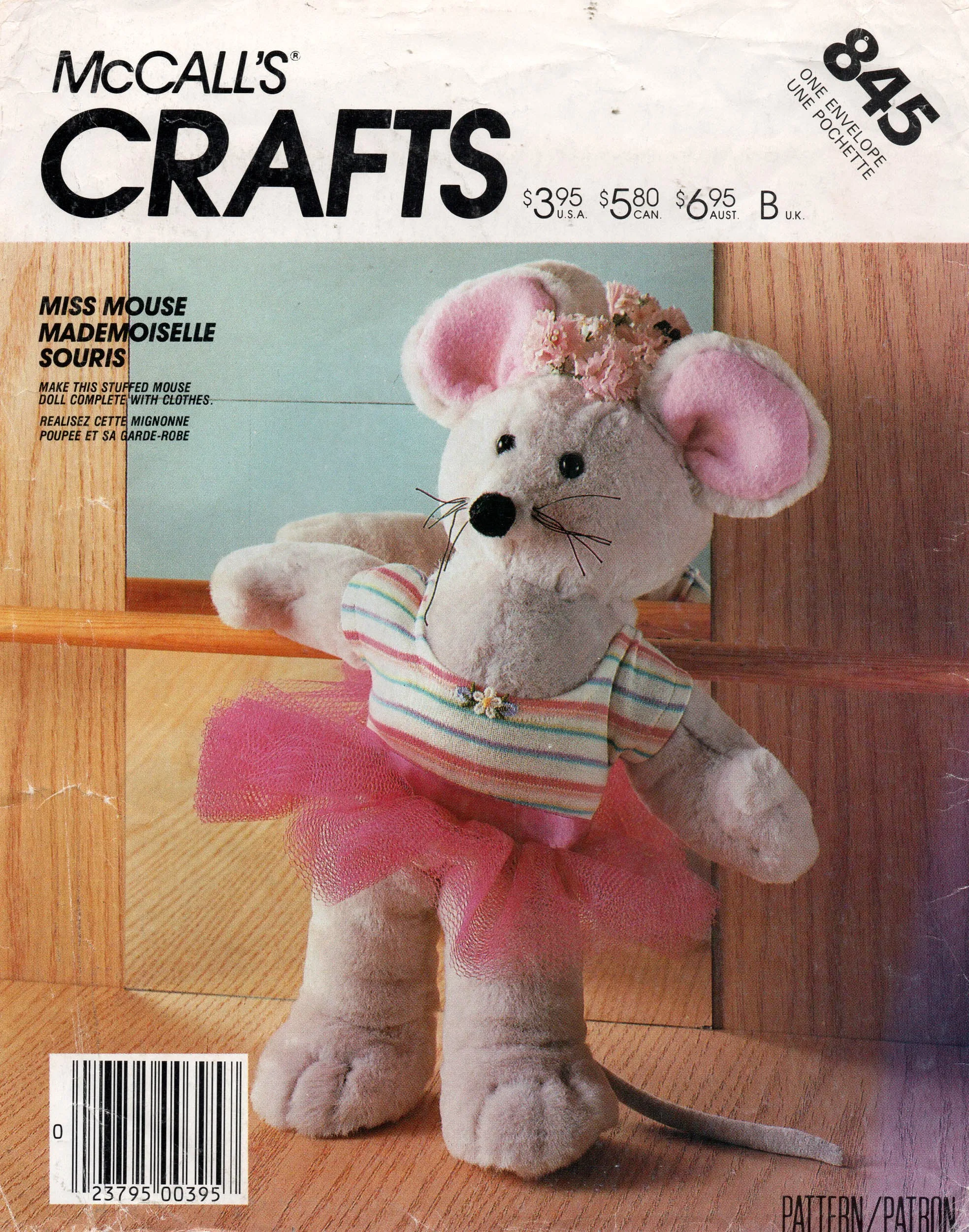 McCall's 845 Stuffed Mouse Toy with Clothing 1980s Vintage Sewing Pattern UNCUT Factory Folds