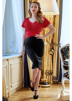 Miss Candyfloss Avarila Rose Lace 50's Pencil Dress Black Red