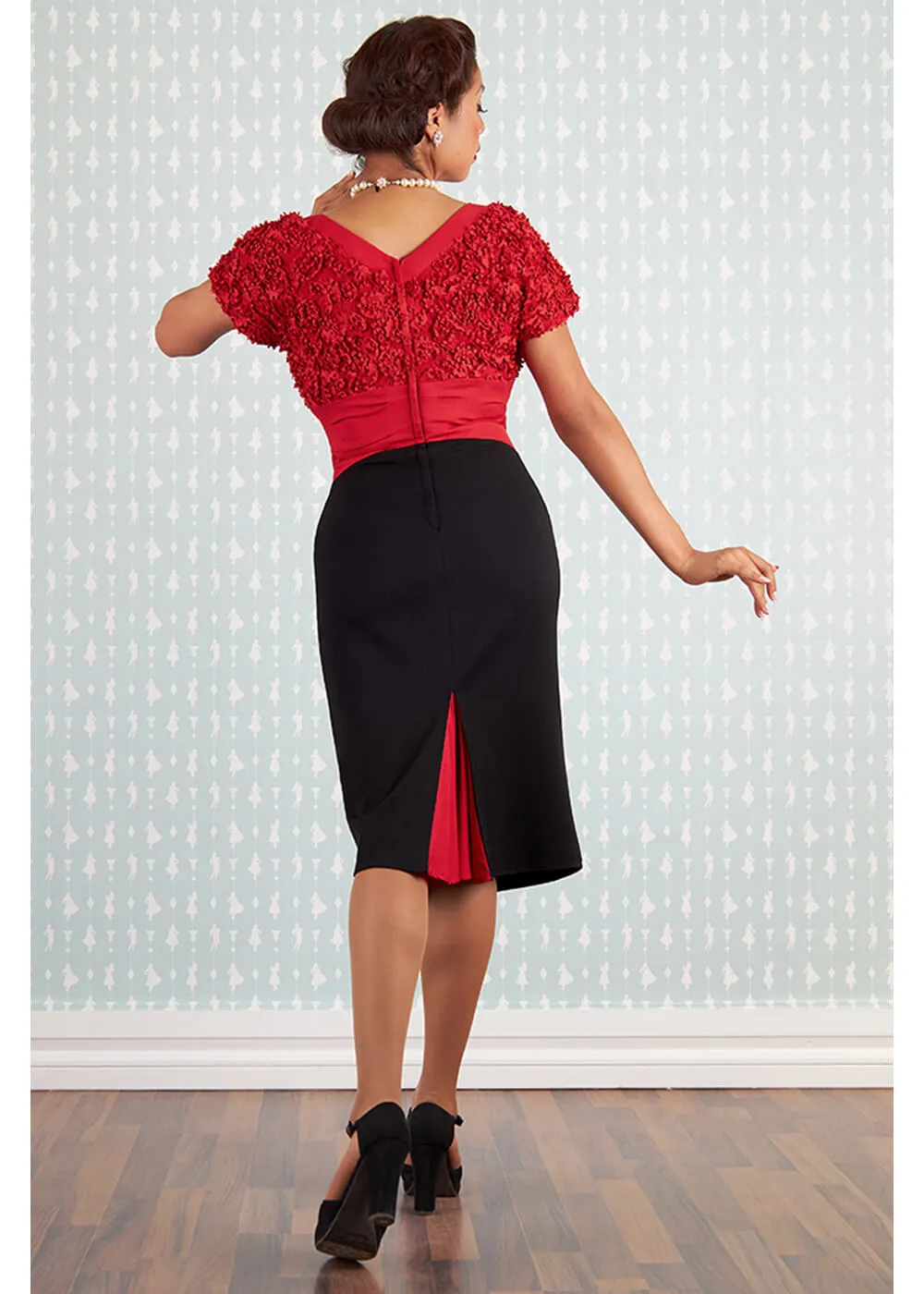 Miss Candyfloss Avarila Rose Lace 50's Pencil Dress Black Red