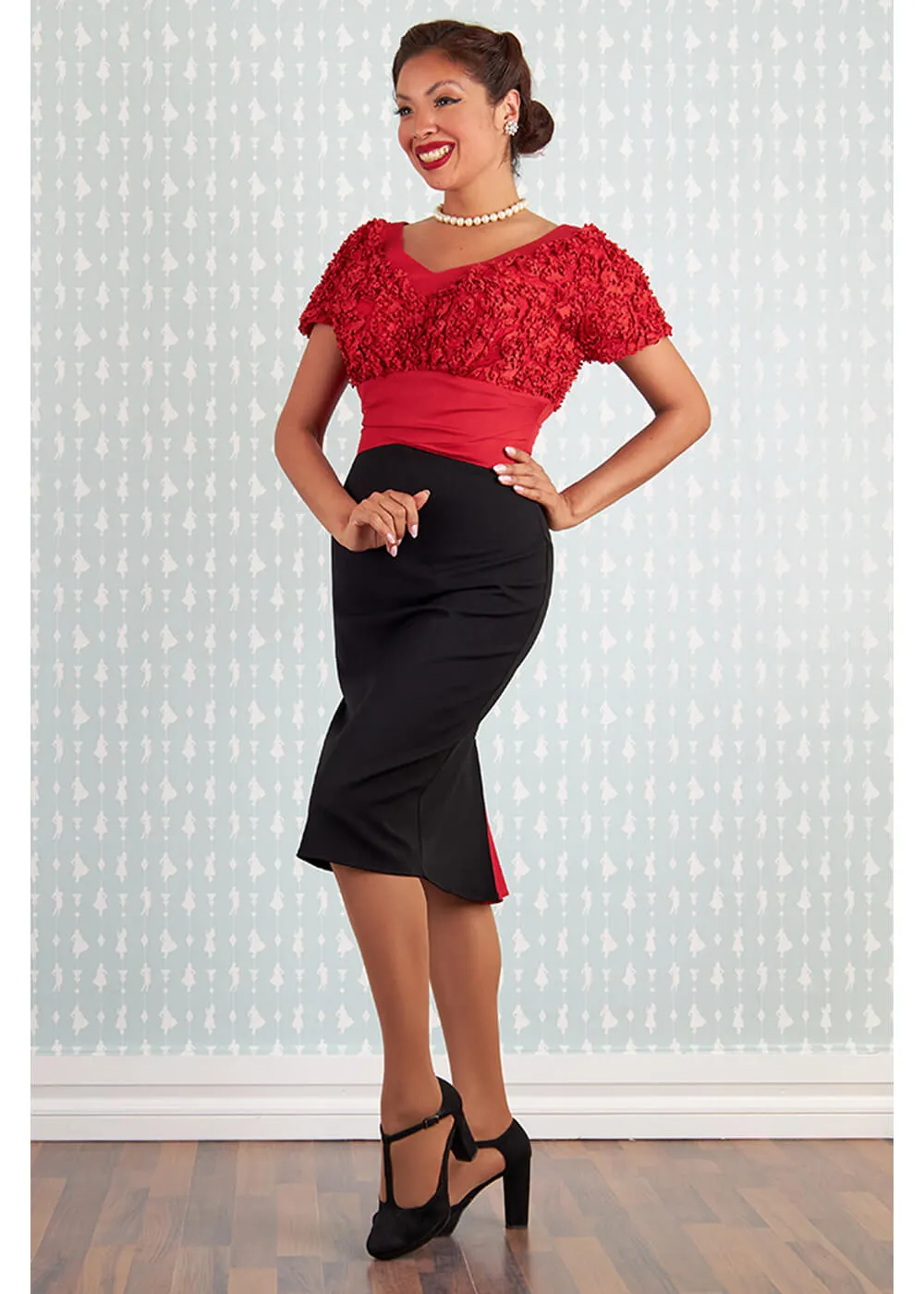 Miss Candyfloss Avarila Rose Lace 50's Pencil Dress Black Red